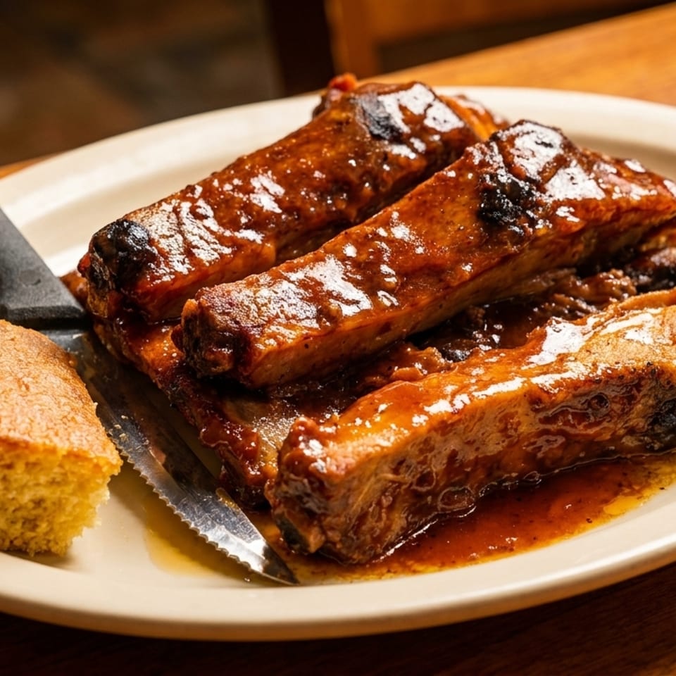 Plate of BBQ ribs with a side of cornbread and a knife on a wooden table.
