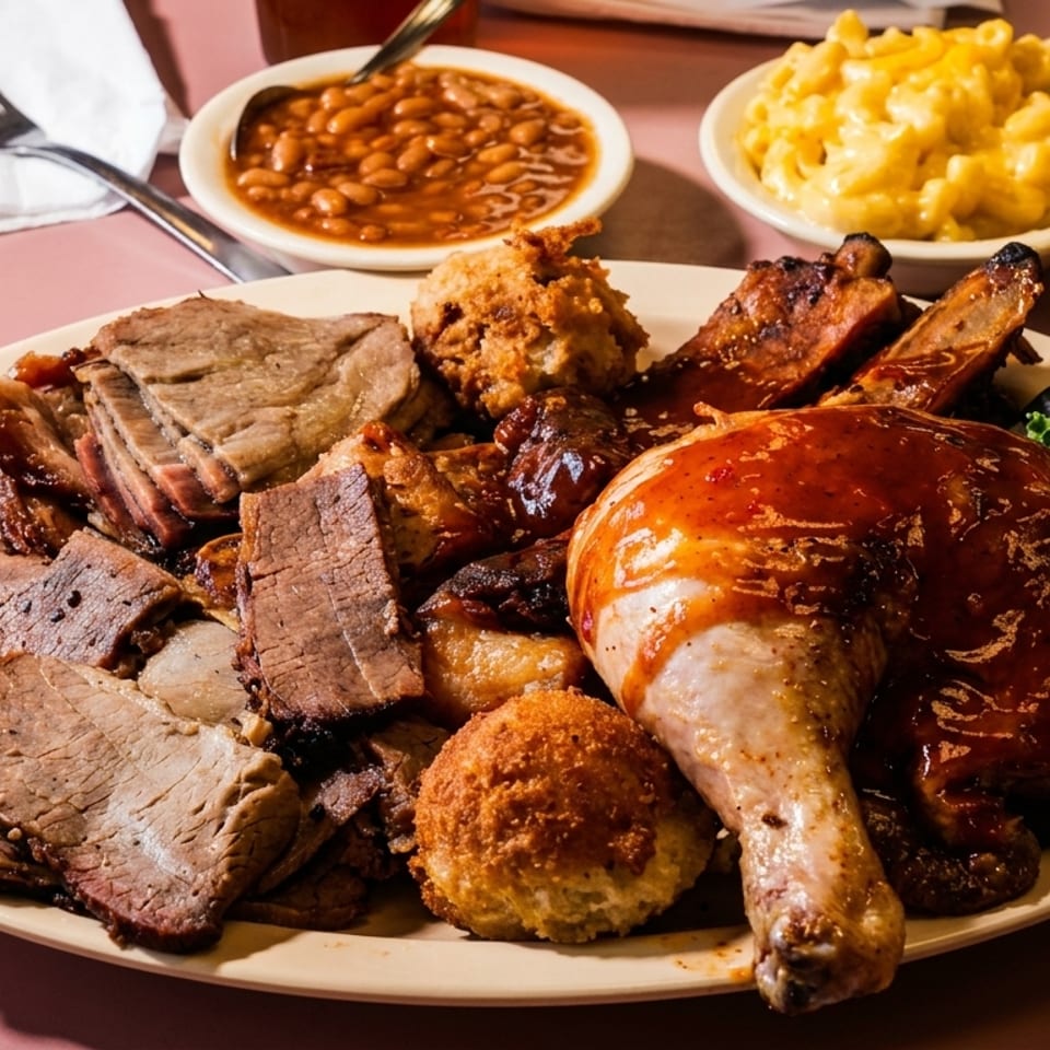 A large platter of barbecue brisket, ribs, chicken, and hush puppies with sides of baked beans and mac and cheese.