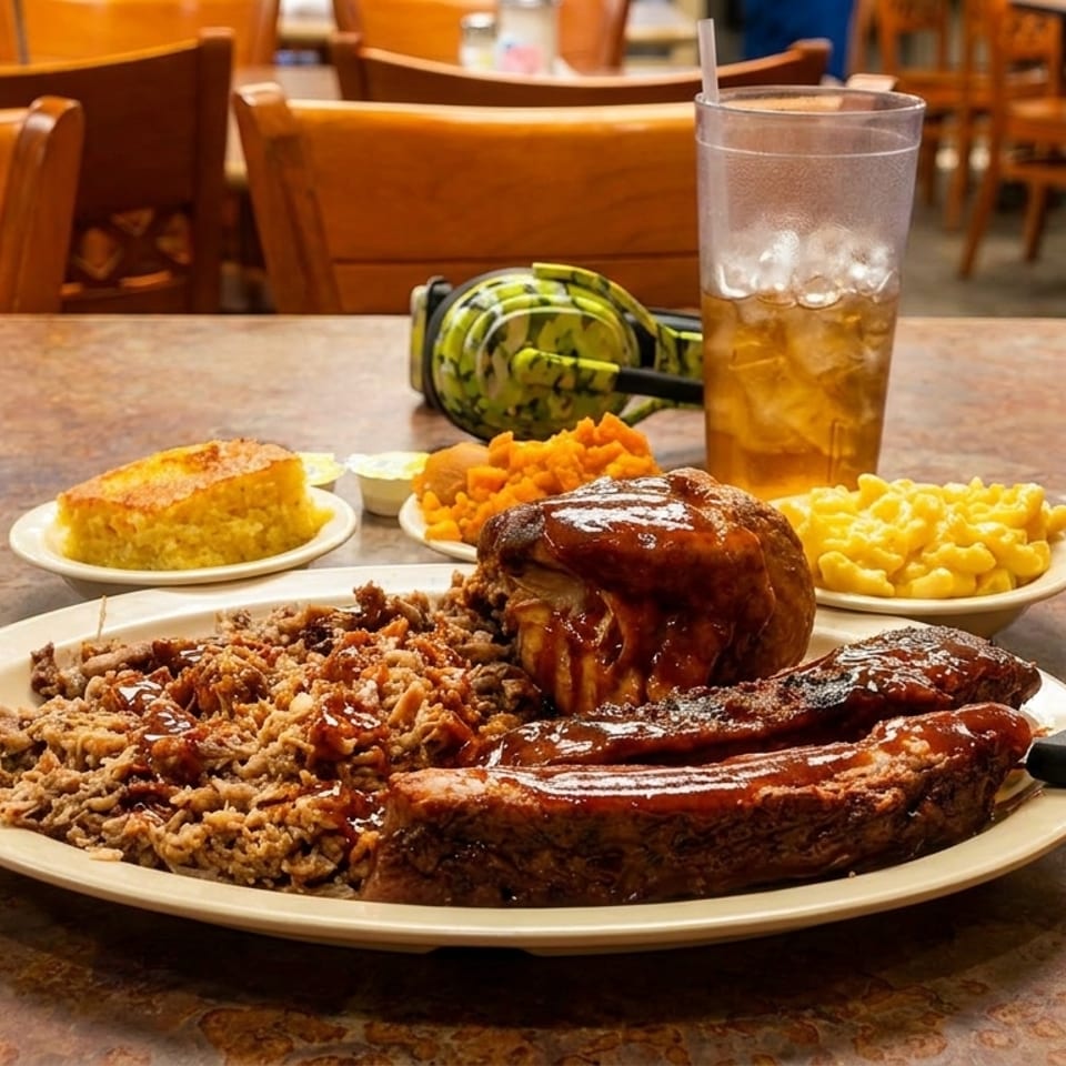 A plate of barbecue ribs, pulled pork, cornbread, mac and cheese, and sweet potatoes on a table.