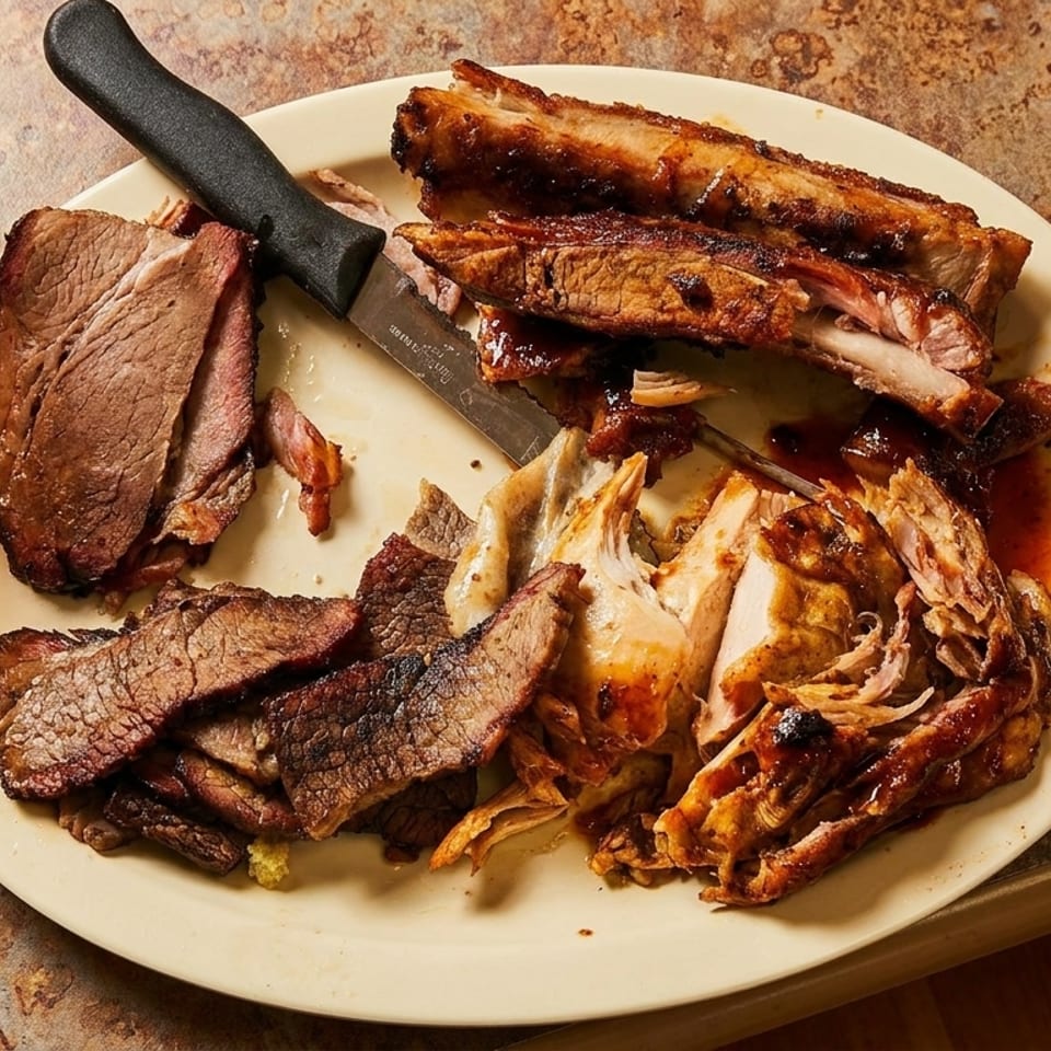 A plate of barbecue ribs, sliced brisket, pulled chicken, baked beans, and iced tea.