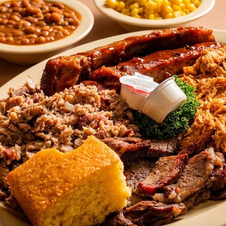 A large platter of Geogeorge Family Barbecue, including ribs, pulled pork, brisket, and cornbread.