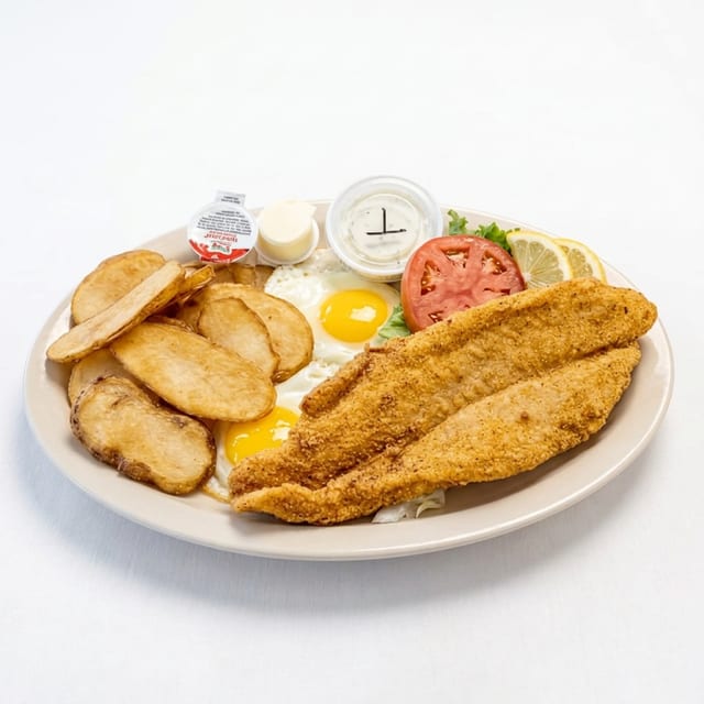 Two Eggs with Hand Breaded Filet of Catfish.