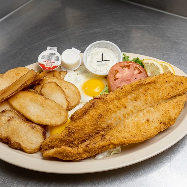 Two Eggs with Hand Breaded Filet of Catfish.